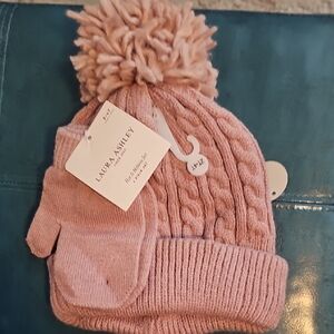 Laura Ashley Blush Cable Knit Hat and Mittens Set Sz 2-4t